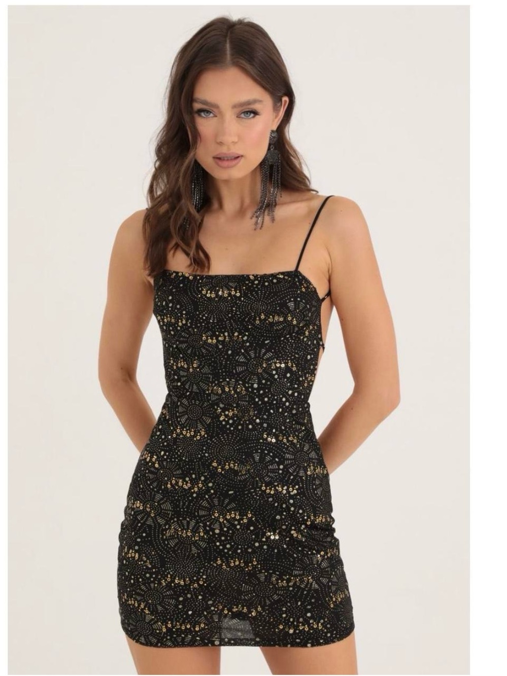 Lucy in the Sky Black & Gold Sequin Spaghetti Strap Mini Dress